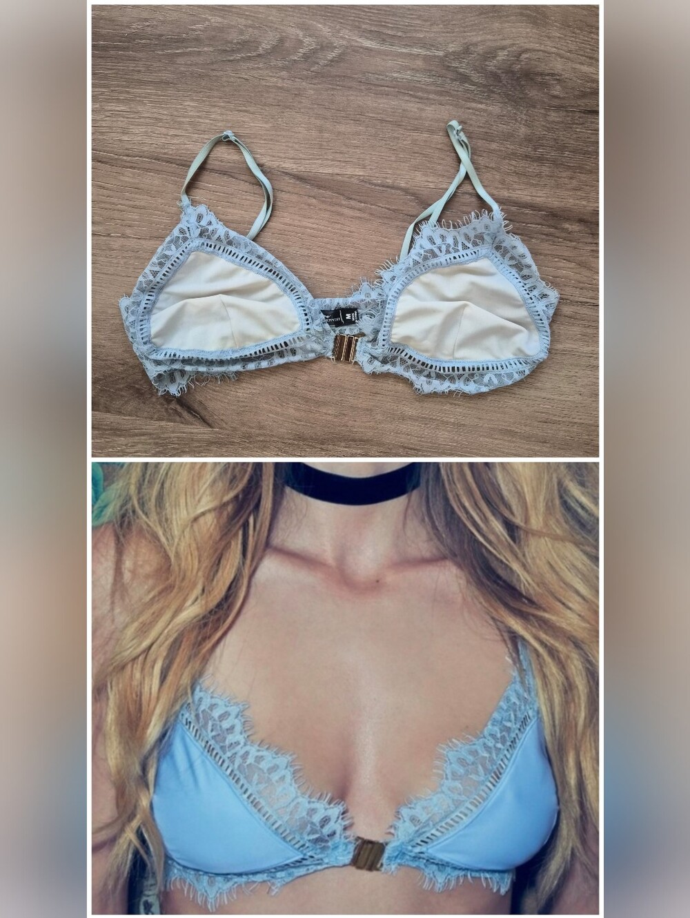 For Love & Lemons Hyacinth Light Blue Lace-Trim Bralette with Cream Cups Medium